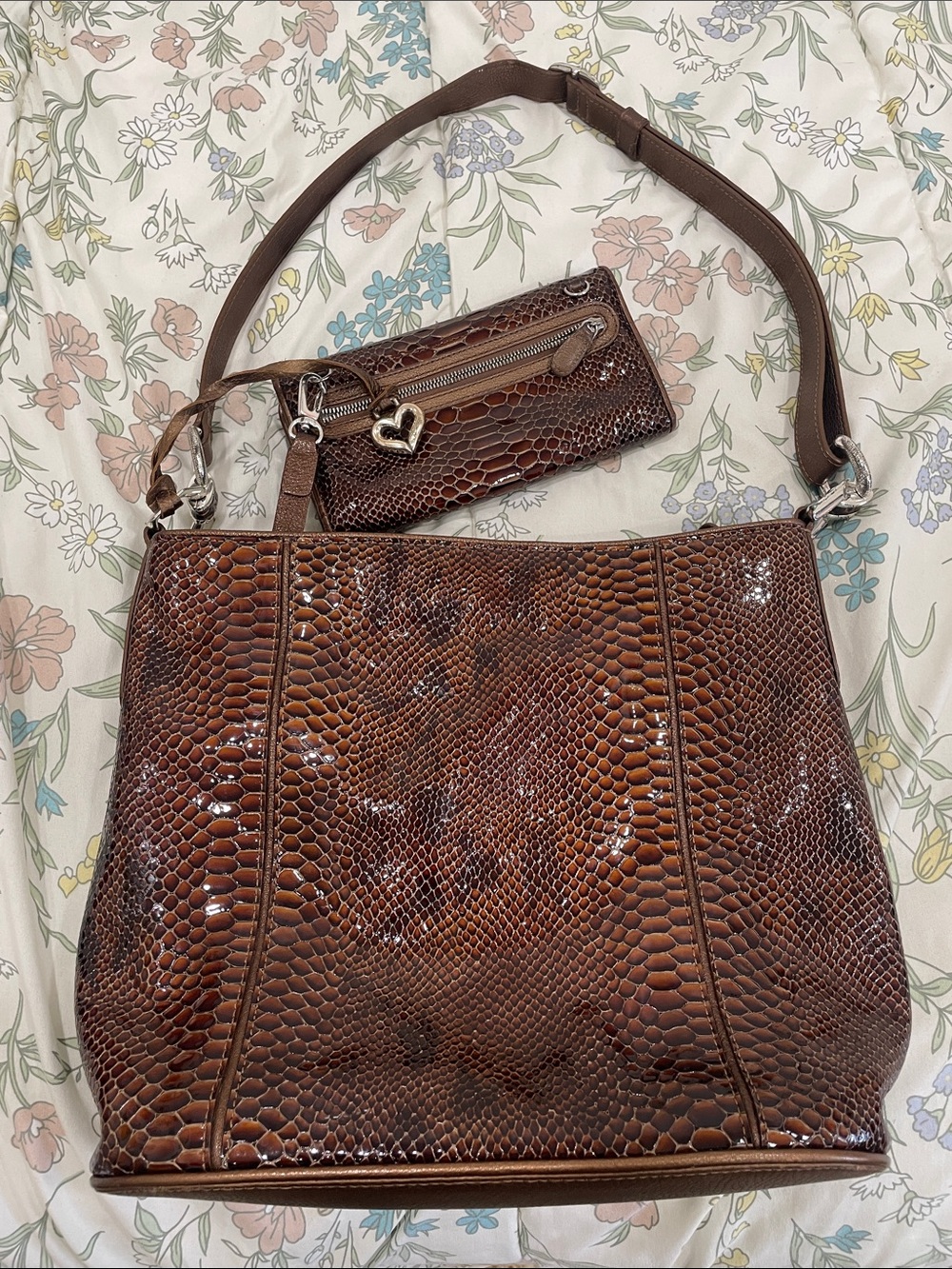Brighton Brown Faux-Snakeskin Shoulder Bag with Matching Wallet - Picture 2 of 16